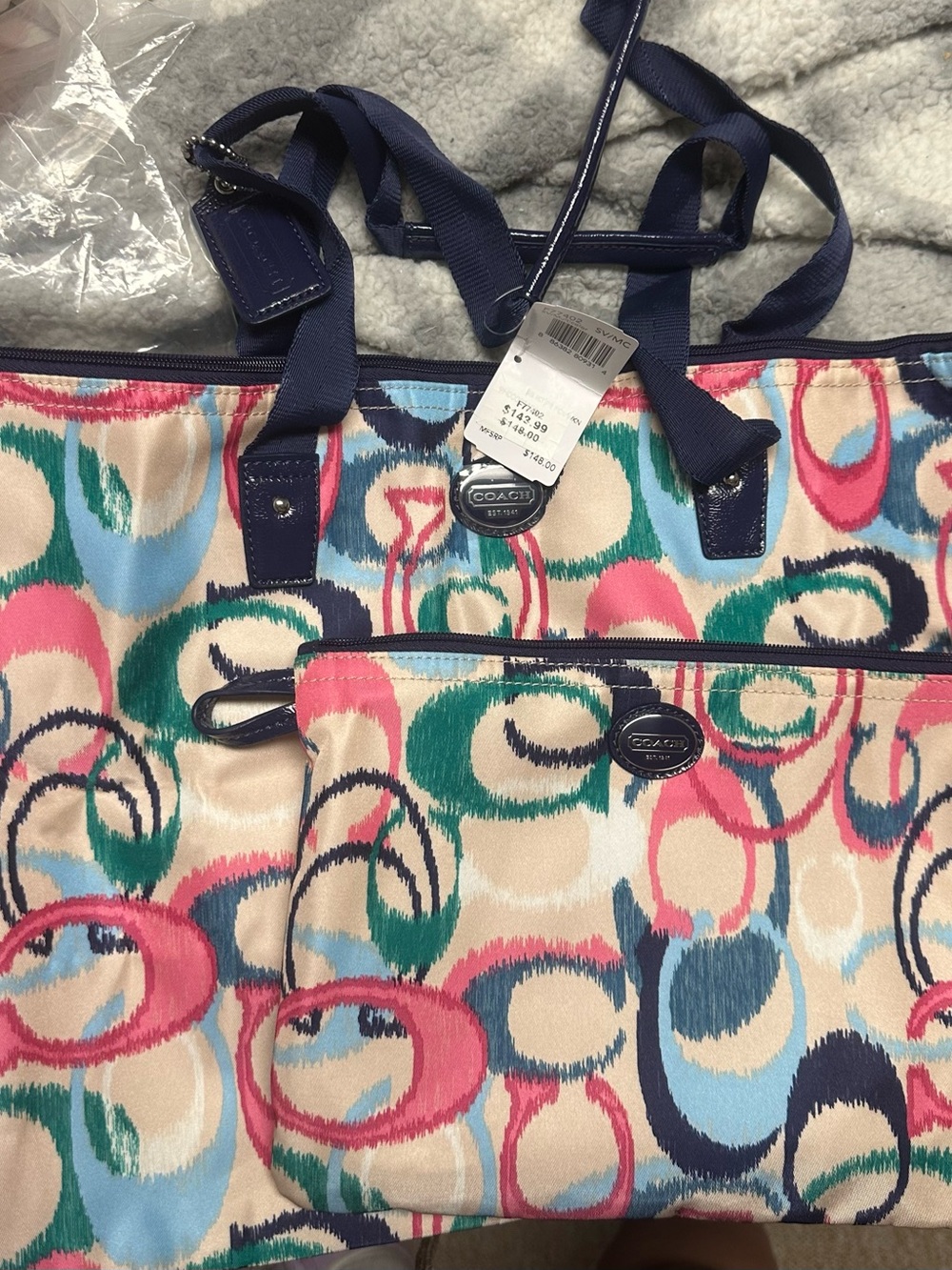 Coach Multicolor Signature Ring Print Tote with Wristlet - Navy Trim